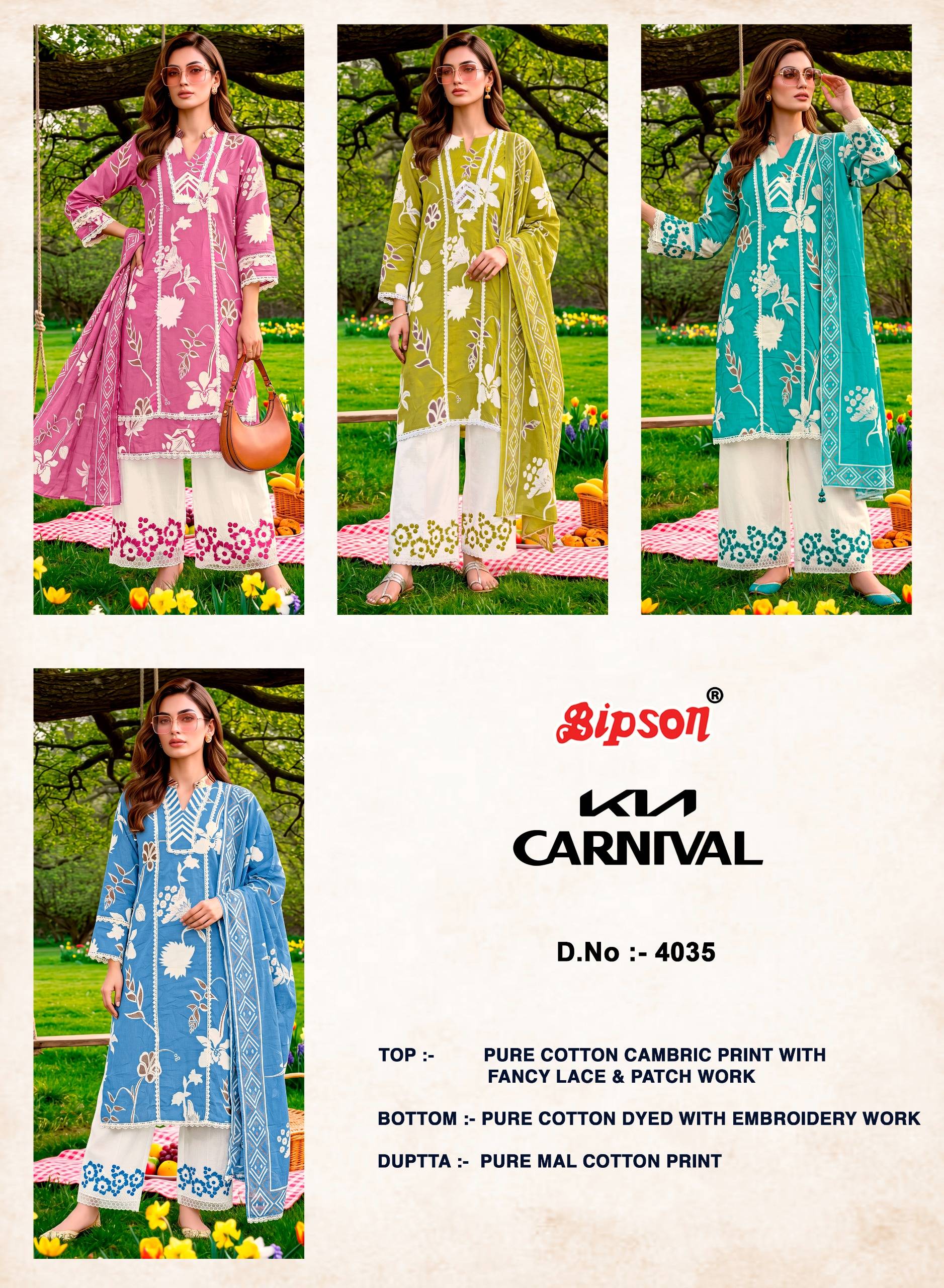 KIA CARNIVAL - 4035 Series By BIPSON PRINTS Stylish Beautiful Colourful Pure Cotton Cambric Dresses At Wholesale Price